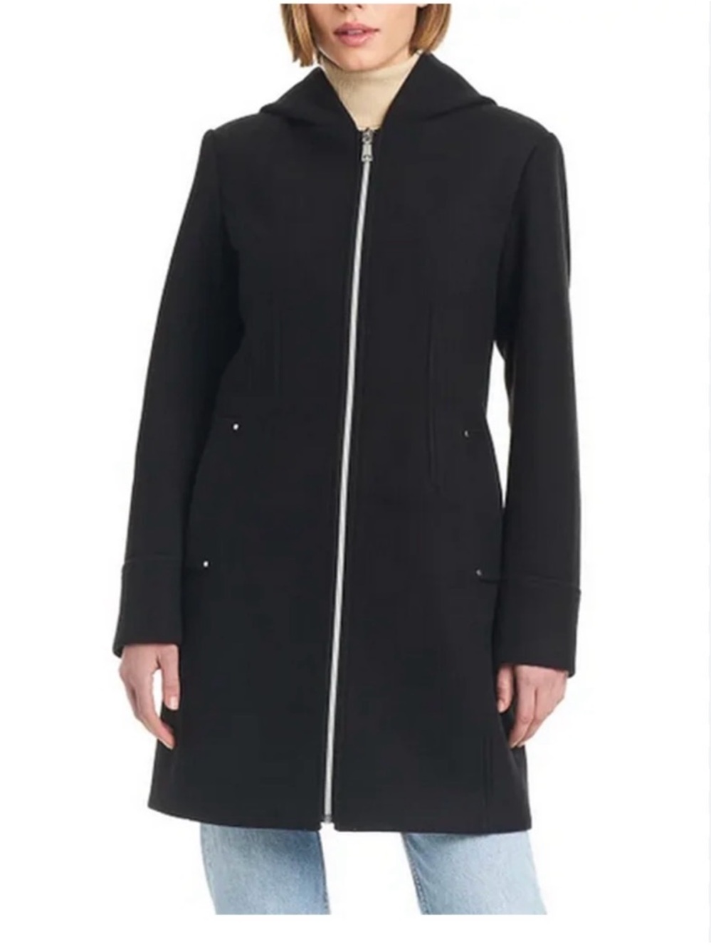 Vince Camuto Women’s Hooded Faux Wool Coat Mid Length Black Zip Up Large